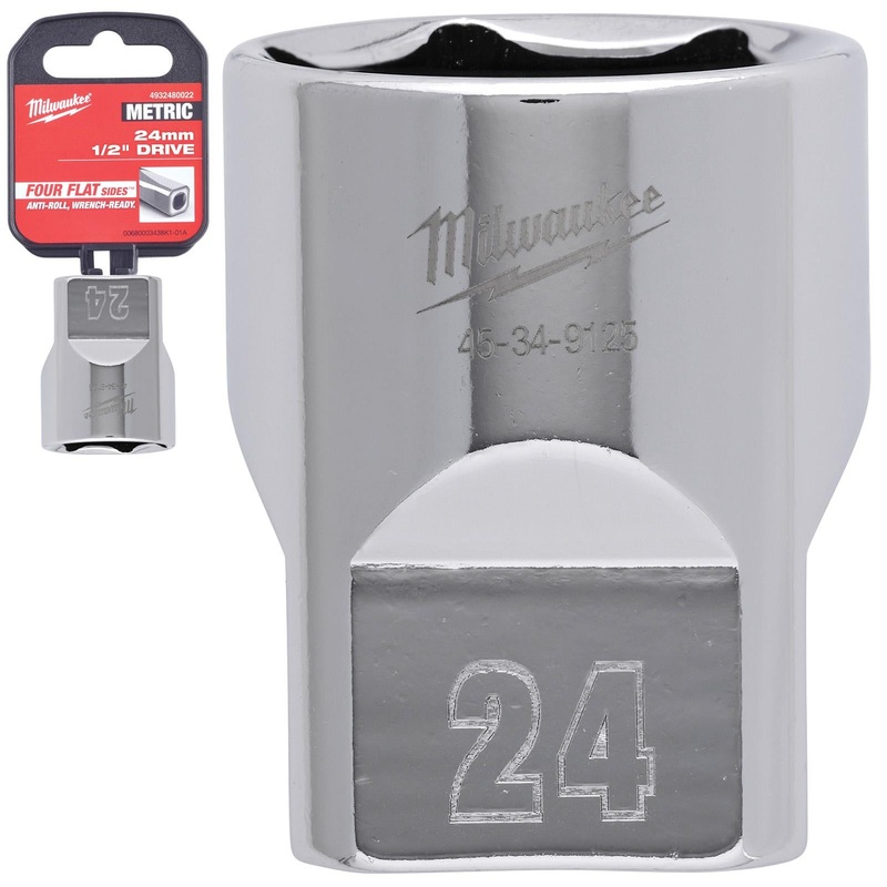 Milwaukee Chrome Socket 1/2" Drive Four Flat Sides Metric Standard 8-36mm Individual - Choose Size