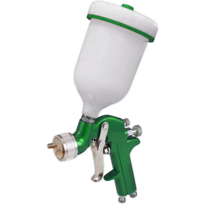 Sealey Gravity Feed Spray Gun 1.7mm Set Up 600ml Paint Pot Vehicle Car Green