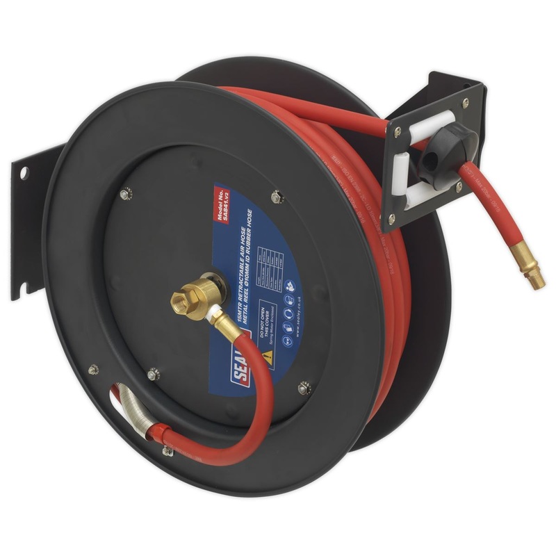 Sealey Retractable Air Hose Metal Reel 15m 10mm Diameter ID Rubber Hose