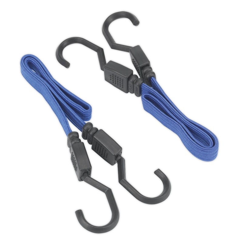 Sealey 2 Piece Flat Bungee Cord Set 460mm Blue Heavy-Duty Steel Hooks Tie Rope