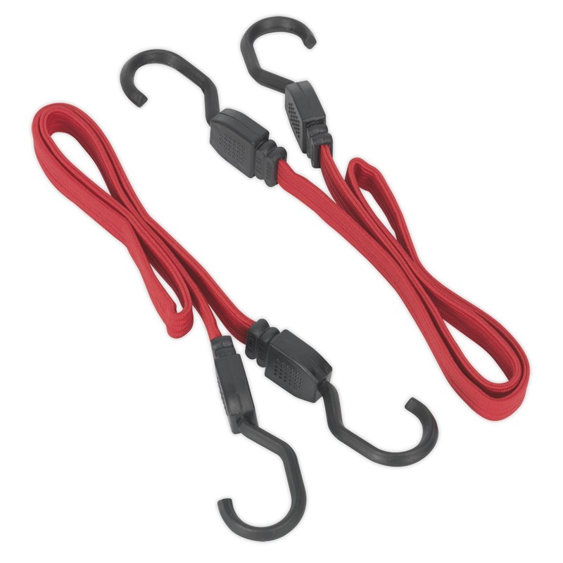 Sealey 2 Piece Flat Bungee Cord Set Red 760mm-2000mm Heavy-Duty Steel Hooks Tie