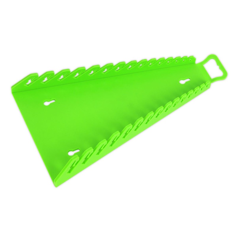 Sealey Premier High Visibility Green Reverse Spanner Rack 15 Capacity Hanging Toolbox
