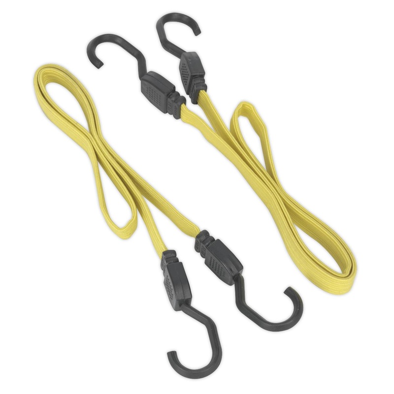 Sealey 2 Piece Flat Bungee Cord Set Yellow 910mm-2200mm Heavy-Duty Steel Hooks