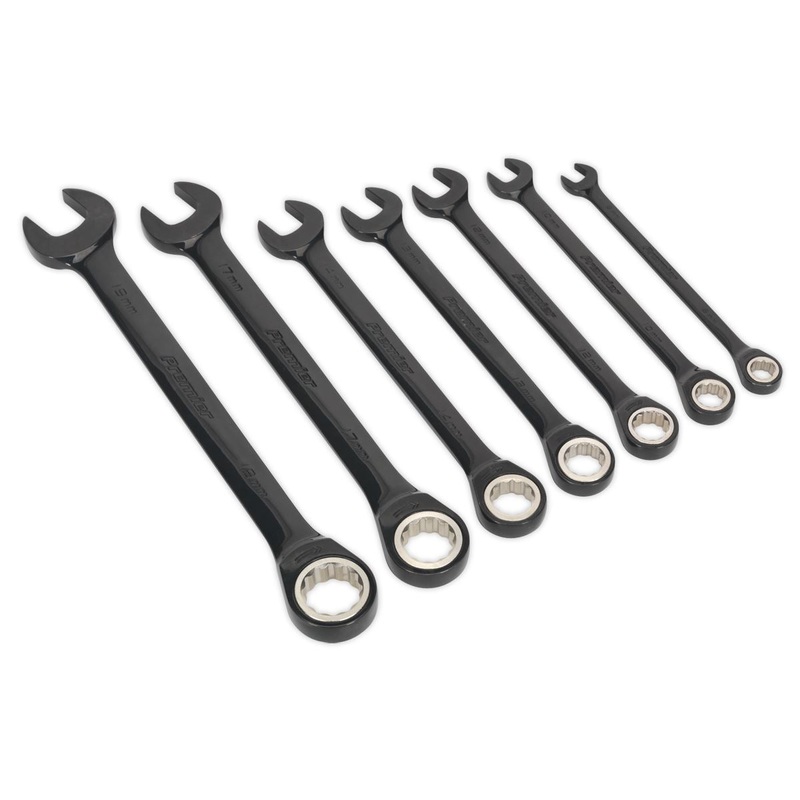 Sealey Black Series 7 Piece Combination Ratchet Spanner Set 8-19mm Slim Style