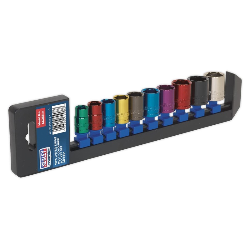 Sealey 10 Piece 3/8" Drive Coloured Socket Set 10-19mm Hex WallDrive