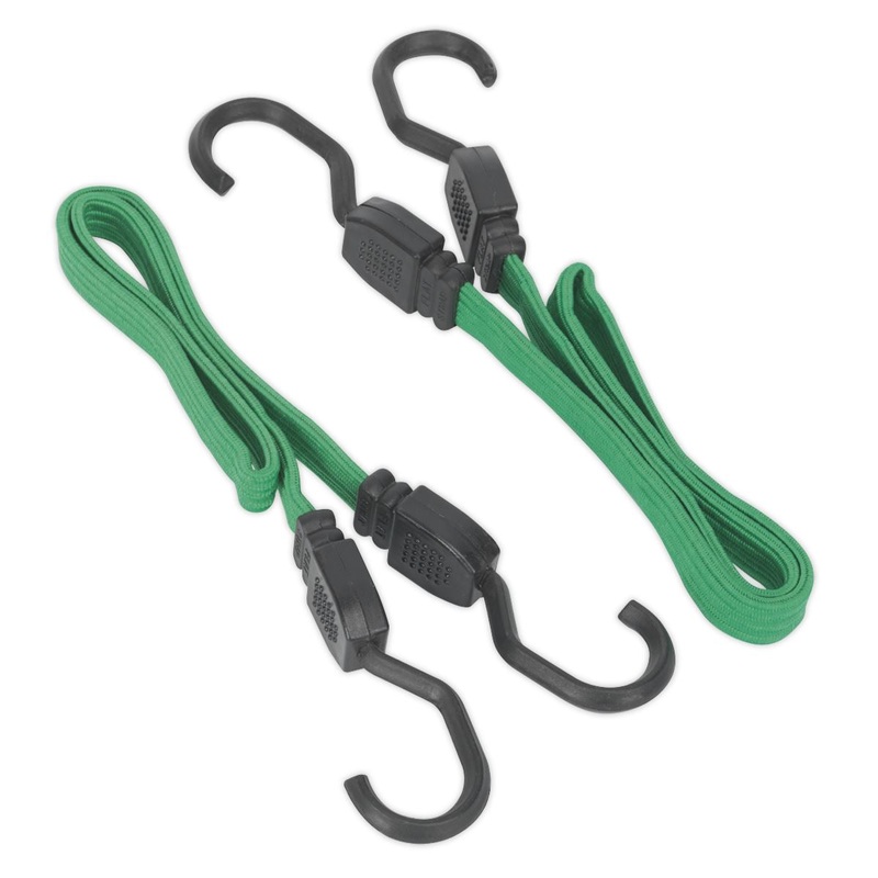 Sealey 2 Piece Flat Bungee Cord Set Green 610mm-1300mm Heavy-Duty Steel Hooks
