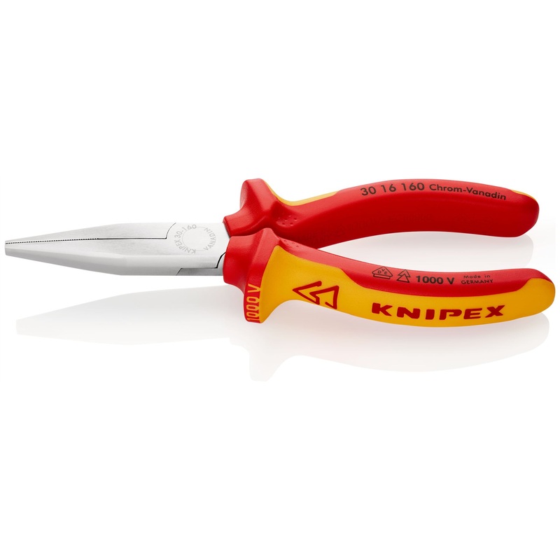 KNIPEX Long Nose Pliers Heavy Duty Wear Resisting 160mm VDE Chrome Multi Component Grips 30 16 160