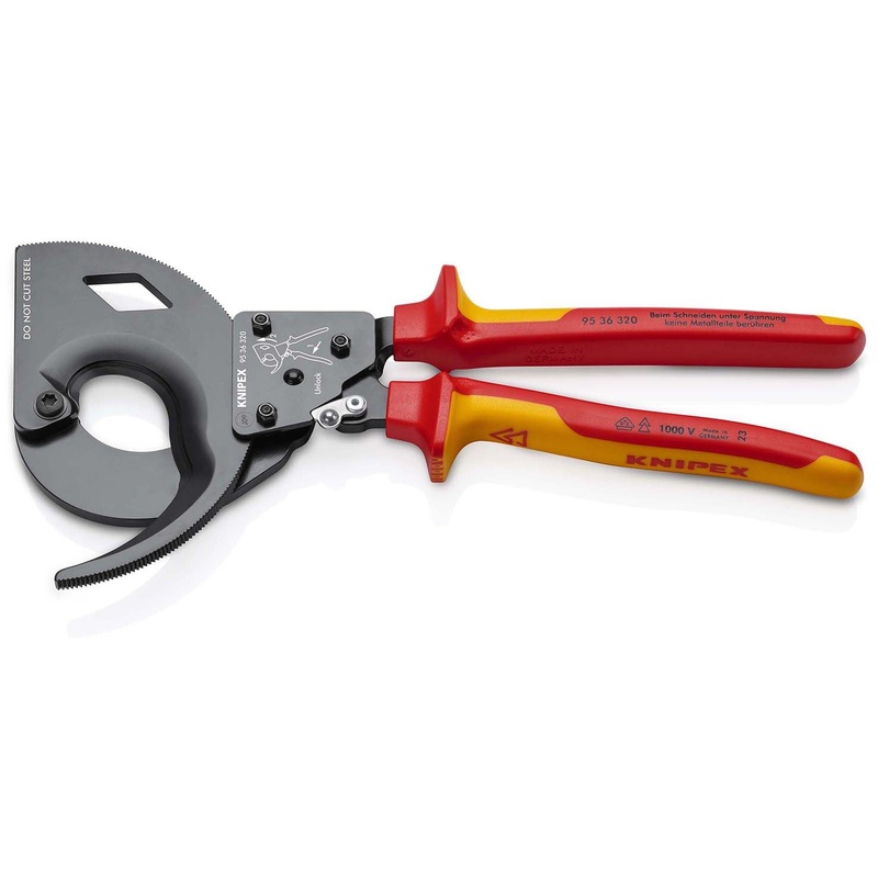 KNIPEX Cable Cutter Ratchet Action 3 Stage 60mm Diameter 320mm VDE Insulated Multi Component Grips 95 36 320