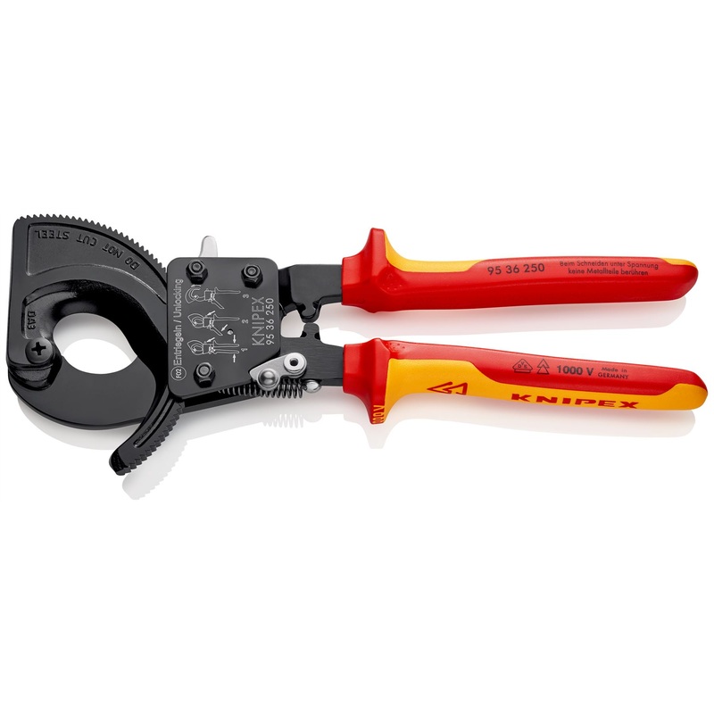KNIPEX Cable Cutter Ratchet Action 32mm Diameter Cutting Capacity 250mm VDE Insulated Multi Component Grips 95 36 250