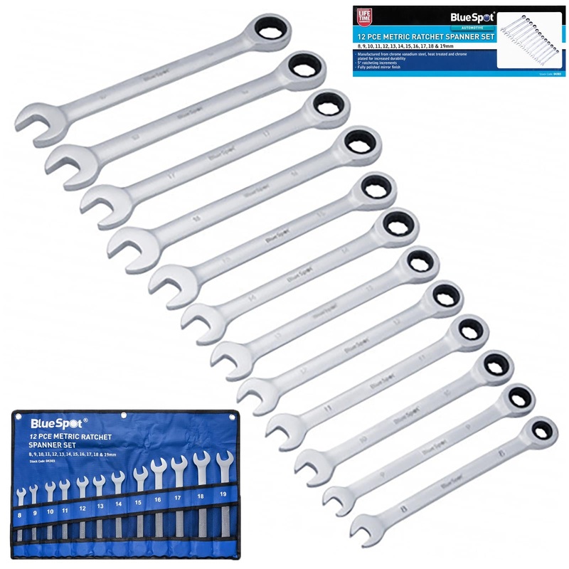 BlueSpot Ratchet Spanner Set 12 Pieces Metric 8-19mm in Tool Roll