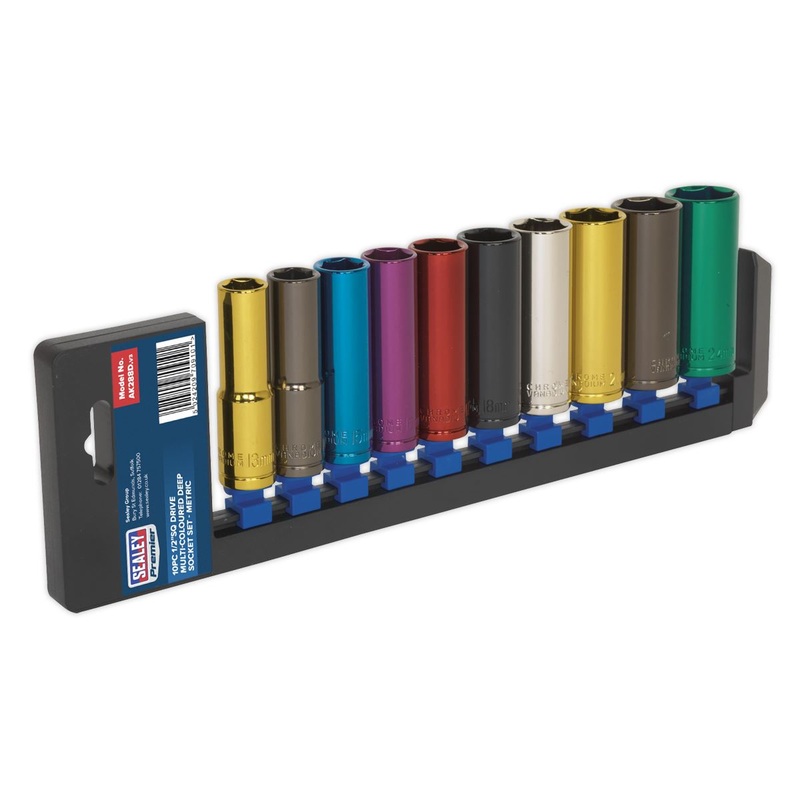 Sealey 10 Piece 1/2" Drive Coloured Deep Socket Set 13-24mm Hex