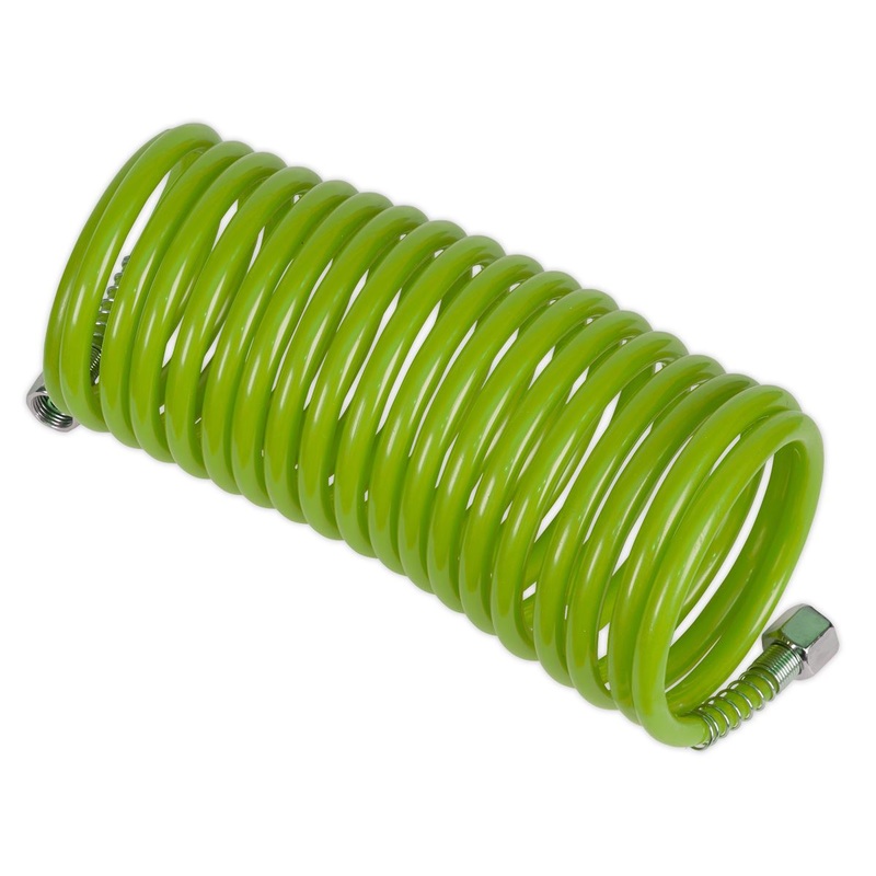 Sealey Hi-Vis Green 5m x 5mm Coiled Air Hose With 1/4" Female Couplers Recoil