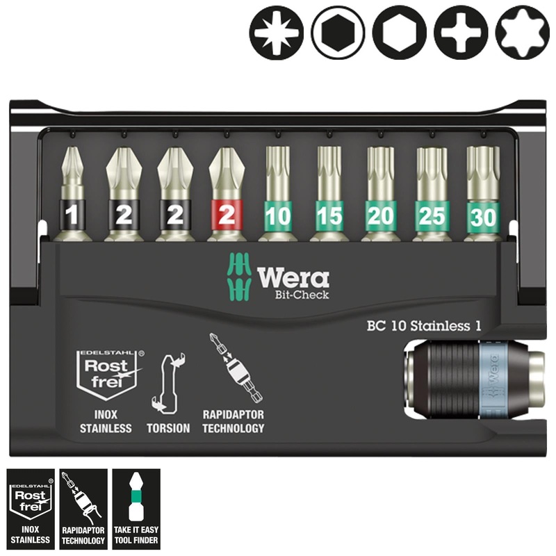 Wera Screwdriver Bit Set Bit Check 10 Stainless Steel 1 SB 10 Piece with Bit Holder