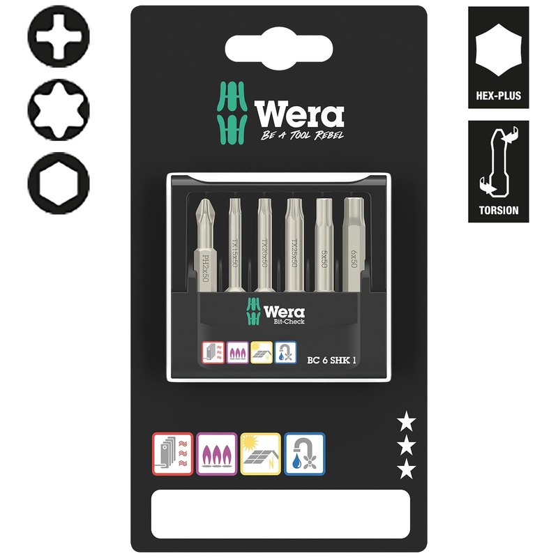 Wera Screwdriver Bit Set Bit-Check 6 SHK 1 SB 6 Pieces PH TX Hex
