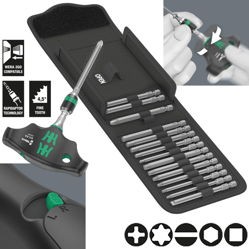 Wera T-Handle Screwdriver 1/4" Hex with Ratchet Function Rapidaptor Chuck 400 RA Imperial Set 1 17 Pieces