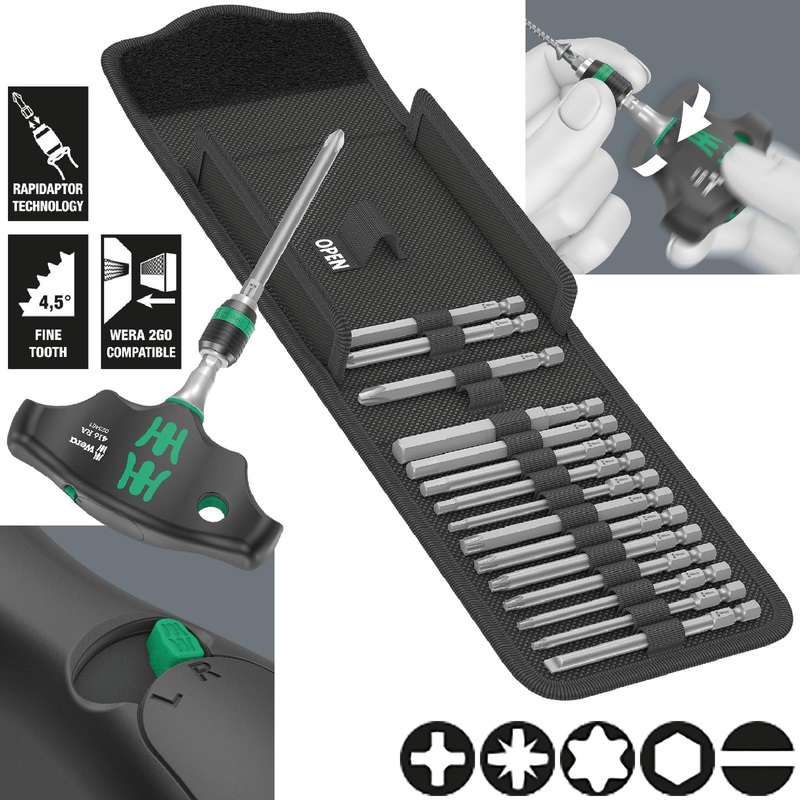 Wera T-Handle Screwdriver 1/4" Hex with Ratchet Function Rapidaptor Chuck 400 RA Set 1 17 Pieces