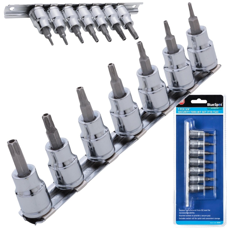 BlueSpot Security Torx Bit Set 3/8" Drive 7 Piece T10-T40 on Socket Rail