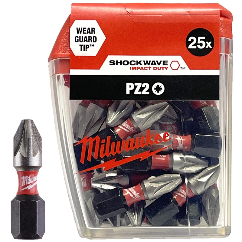 Milwaukee Shockwave Impact Duty Screwdriver Bits Pozi PZ2 x 25mm Tic Tac Box 25 Pack
