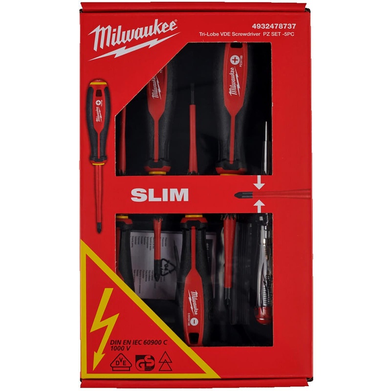 Milwaukee Tri-Lobe VDE Screwdriver Set Slim 5 Piece Slotted Pozi