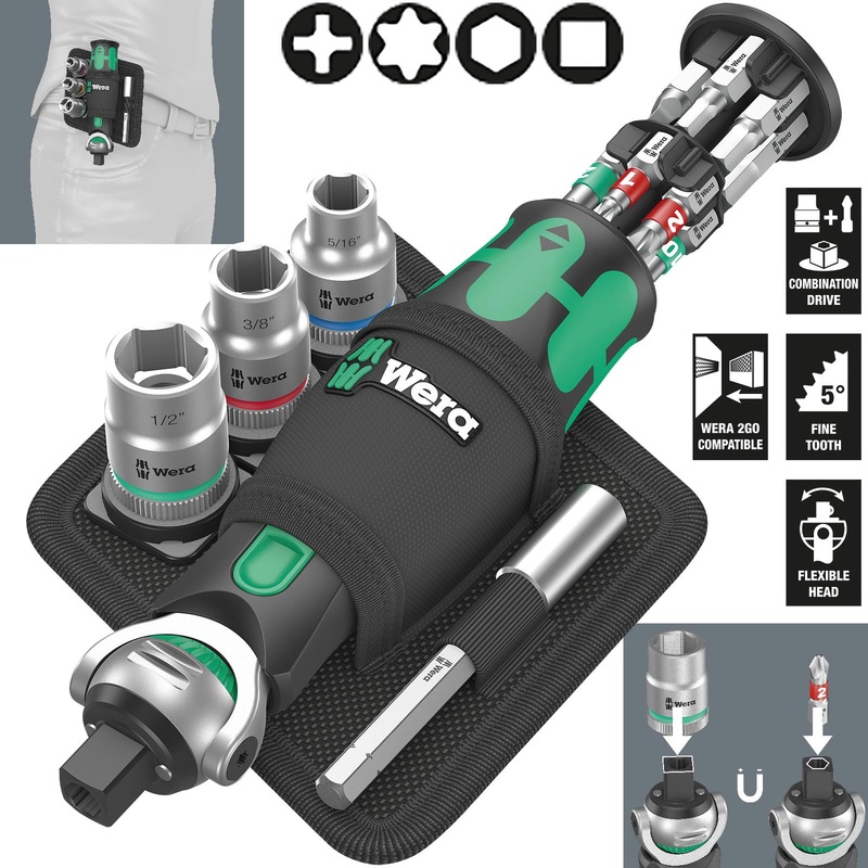 Wera Compact Screwdriver Socket Wrench Zyklop Pocket Imperial Set 2 18 Pieces 8009 3/8" Drive 1/4" Hex