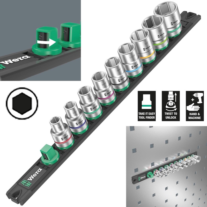 Wera Socket Set 1/2" Drive on Magnetic Socket Rail C Imperial 1 Zyklop 9 Pieces 3/8" to 1