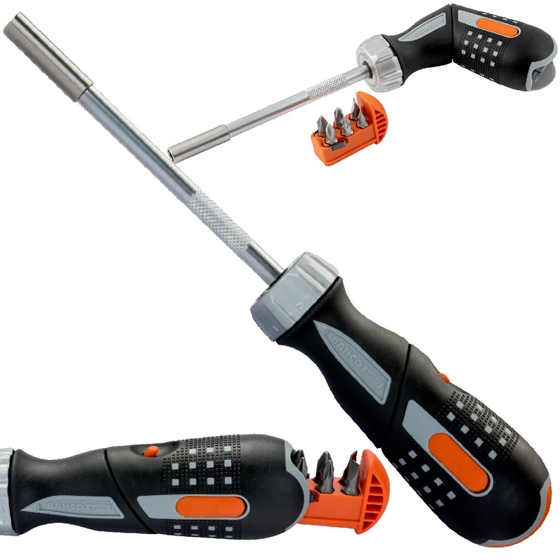 Bahco Ratchet Screwdriver Pistol Grip with 1/4" Hex Bits Phillips Slotted