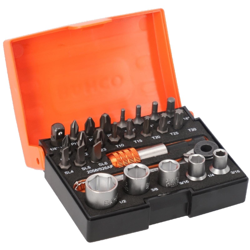 Bahco Socket Screwdriver Bit Set 1/4" Ratchet Drive Phillips Pozi Hex Slotted Torx 26 Piece