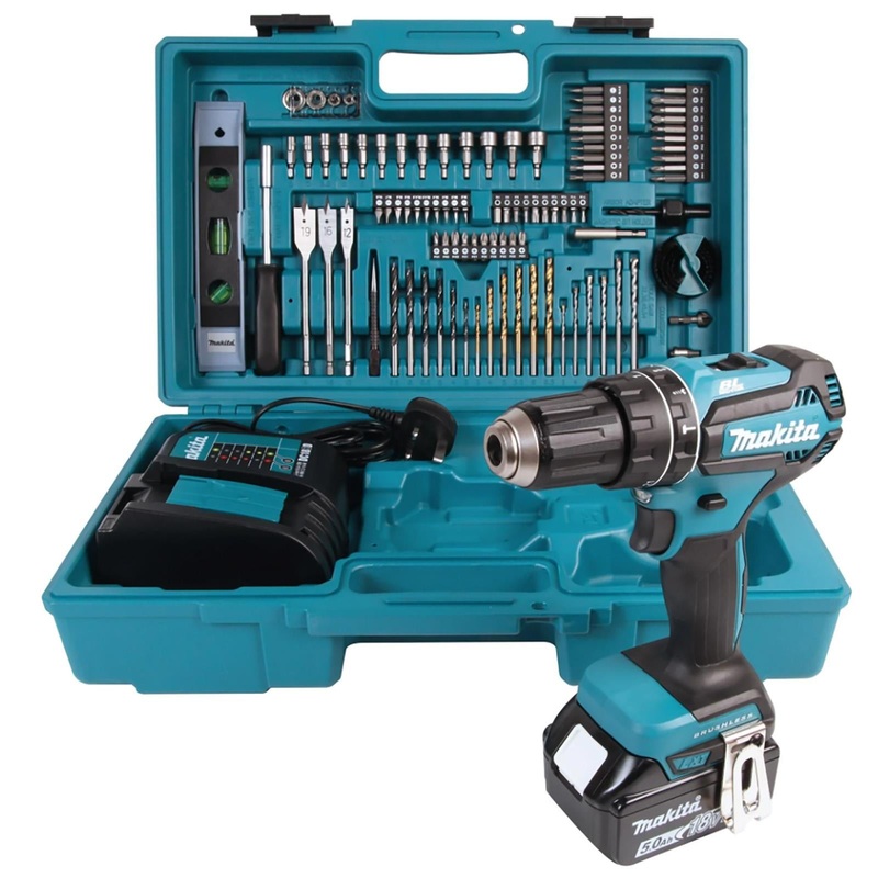 Makita Combi Drill Kit 18V LXT DHP485 with 5Ah Battery Charger 101pc Tool Set Cordless Brushless DHP485STX5