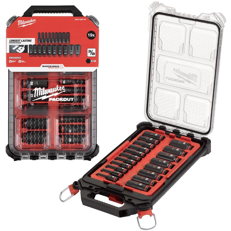 Milwaukee PACKOUT Impact Socket Set 19 Piece 3/8" Drive Deep 6-24mm SHOCKWAVE