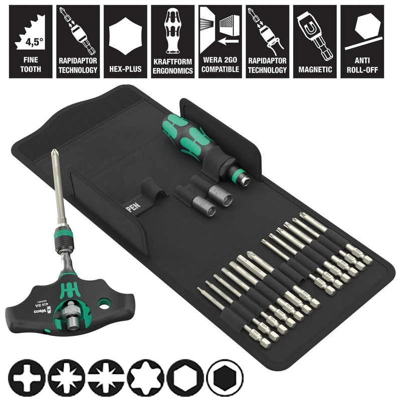 Wera Screwdriver Set T-Handle 1/4" Hex Kraftform Kompakt KK 400 RA SHK Set 1 19 Pieces PH PZ PZ/S TX Hex