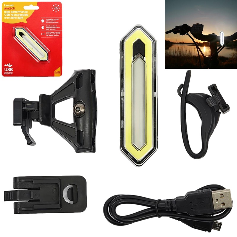 Amtech Bike Light Front White High Performance USB Rechargeable 8 Settings 240 Lumens
