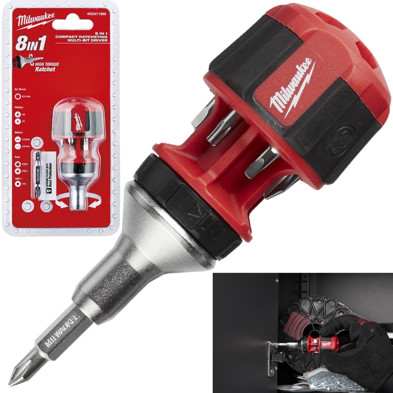 Milwaukee Compact Ratchet Screwdriver 8 in 1 Multi Bit Phillips Pozi Torx Slotted