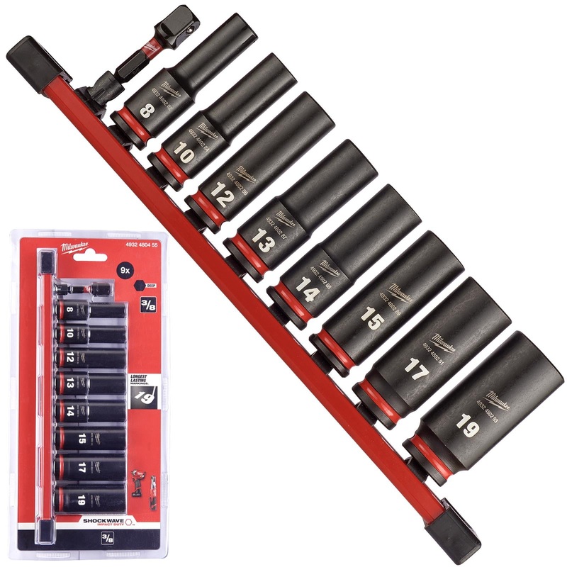 Milwaukee Impact Socket Set Deep on Socket Rail 3/8" Drive 9 Piece 8-19mm SHOCKWAVE