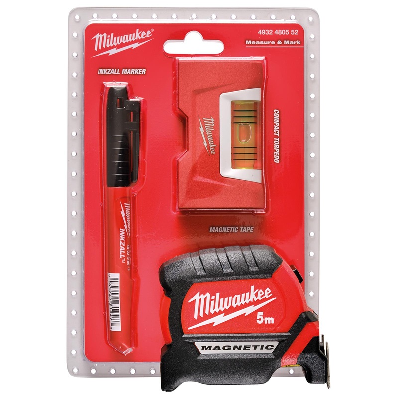Milwaukee Measure and Marking Set 3 Piece 5m Tape Measure Spirit Level Marker Pen