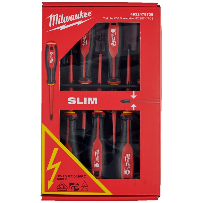Milwaukee Tri-Lobe VDE Screwdriver Set Slim 7 Piece Slotted Phillips Pozi