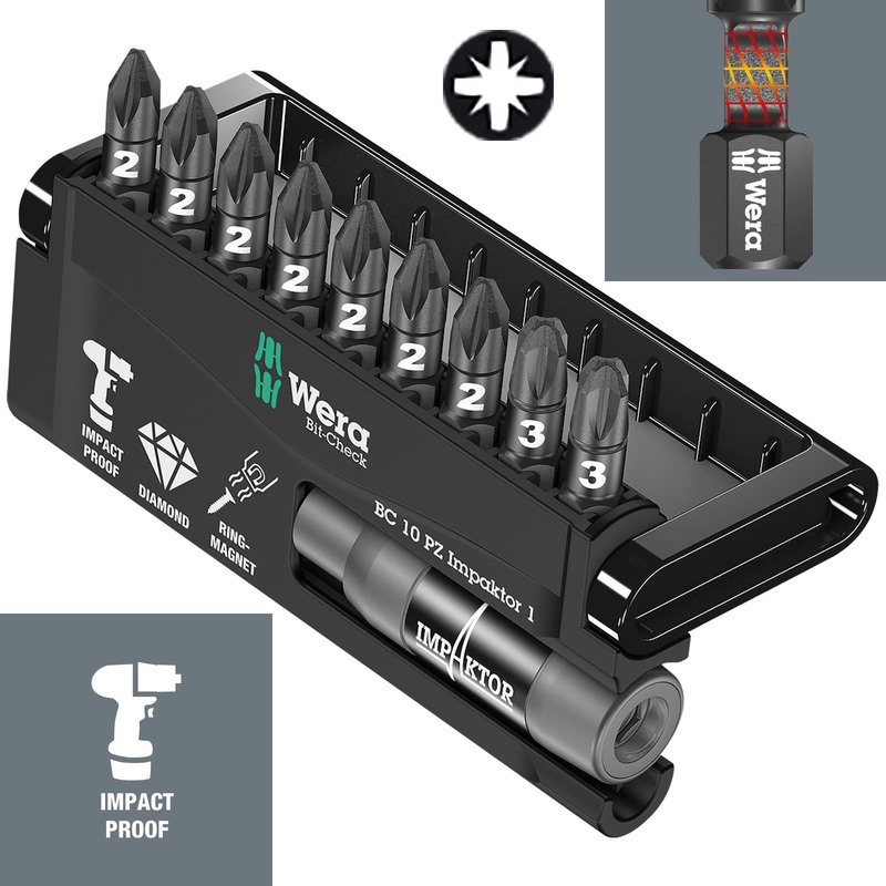 Wera Bit Check 10 Impaktor 1 10 Piece Pozi Impact Screwdriver Bit Set with Bit Holder
