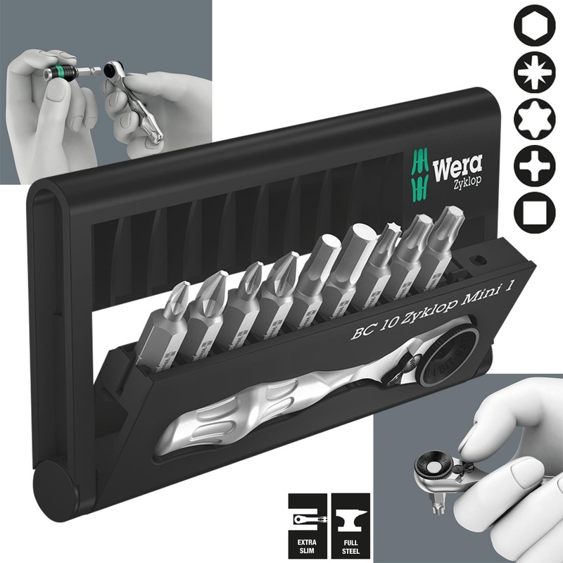 Wera Ratchet Driver 1/4" Hex 10 Piece Bit Check 10 Zyklop Mini 1