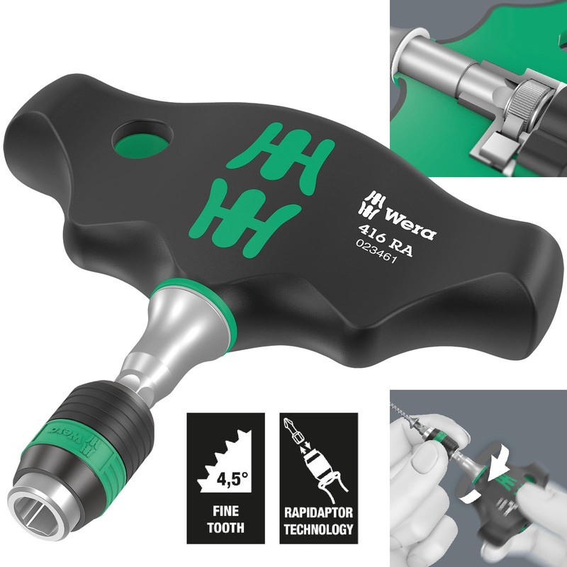 Wera T-Handle Screwdriver 1/4" Hex with Ratchet Function 416 RA Rapidaptor Quick Release Chuck