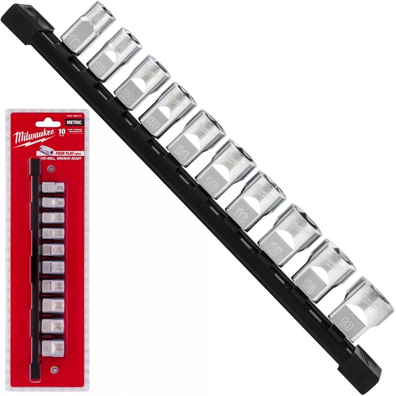 Milwaukee Chrome Socket Set on Socket Rail 3/8" Drive Metric 10-19mm