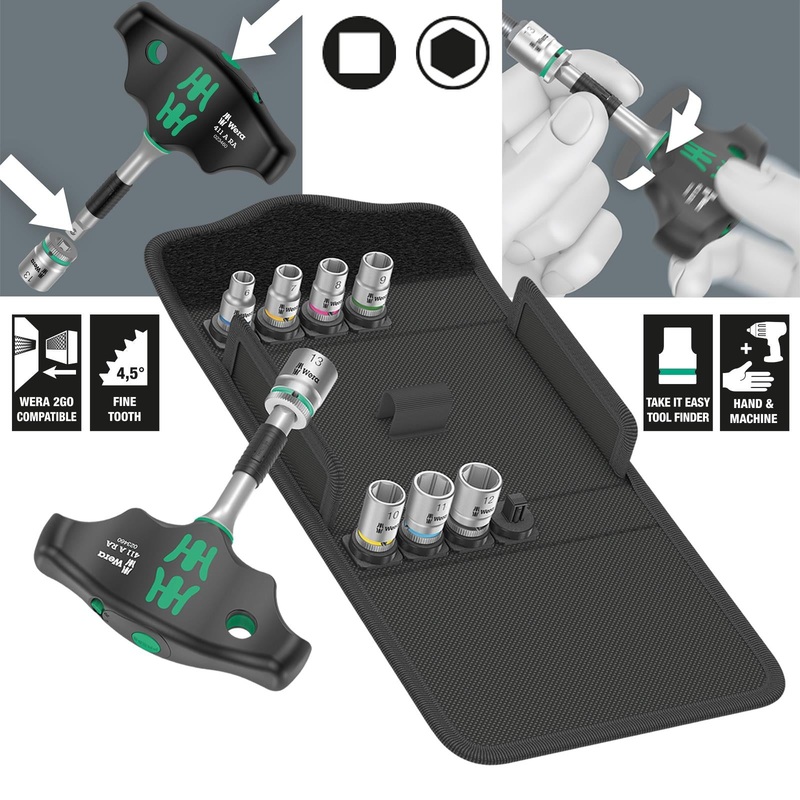 Wera T-Handle Adaptor Screwdriver 1/4" Drive with Ratchet Function 400 RA Set 2 9 Pieces 6-13mm Sockets