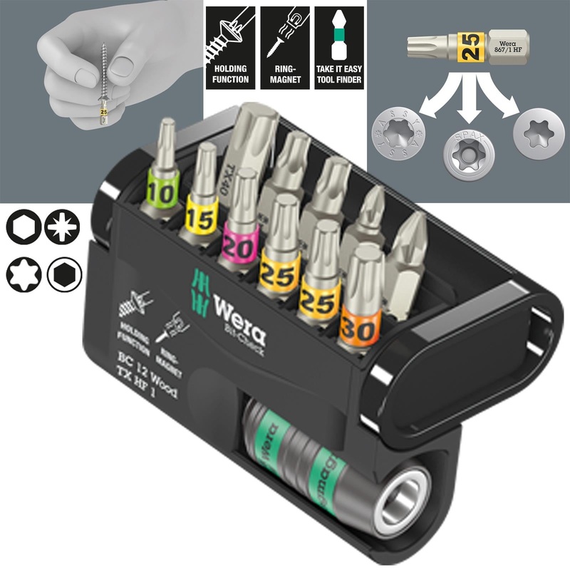 Wera Wood Screwdriver Bits Torx with Holding Function 12 Piece Bit-Check 12 Wood TX HF 1