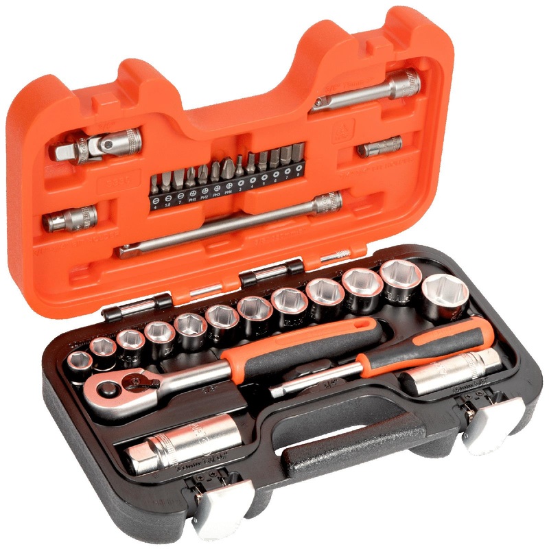Bahco Socket Screwdriver Bit Set 3/8" Ratchet Handle 1/4" Hex Slotted Phillips Metric 34 Piece