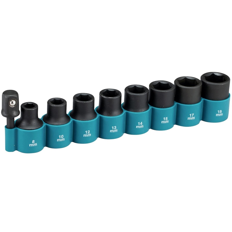 Makita Impact Socket Set 1/2" Drive 8-18mm with 1/4" Hex to 1/2" Drive Adaptor for Impact Driver 9 Piece