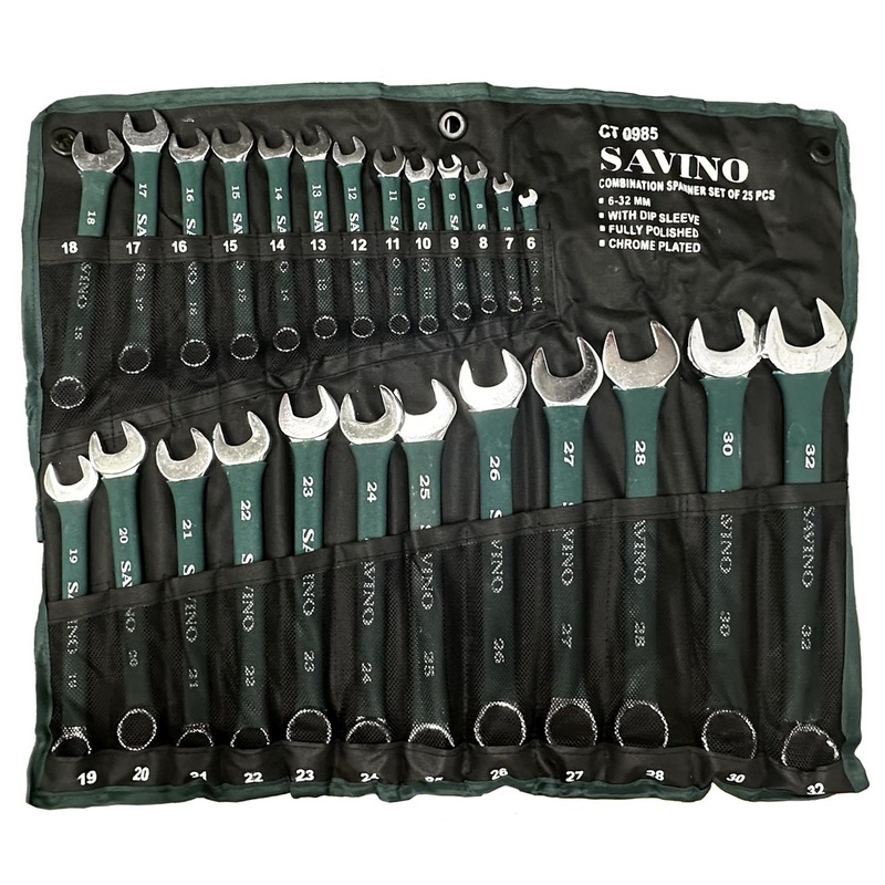 Savino Combination Spanner Set 6-32mm in Tool Roll 25 Piece Green Soft Grip Handle