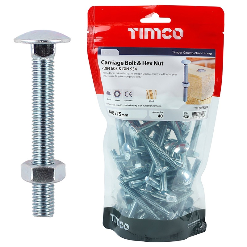 TIMCO Carriage Bolts with Hex Nuts 4.8 Grade Zinc Carbon Steel TIMbag M6-M12 - Choose Size