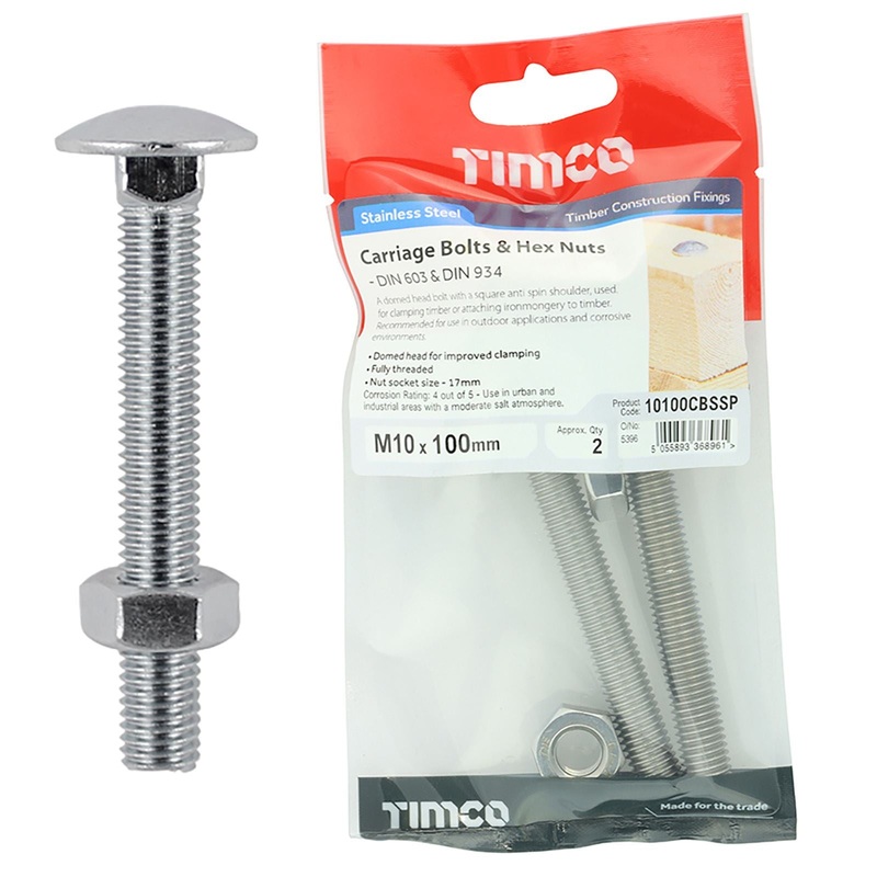 TIMCO Carriage Bolts with Hex Nuts A2 Austenitic Stainless Steel TIMpac M8-M12 - Choose Size