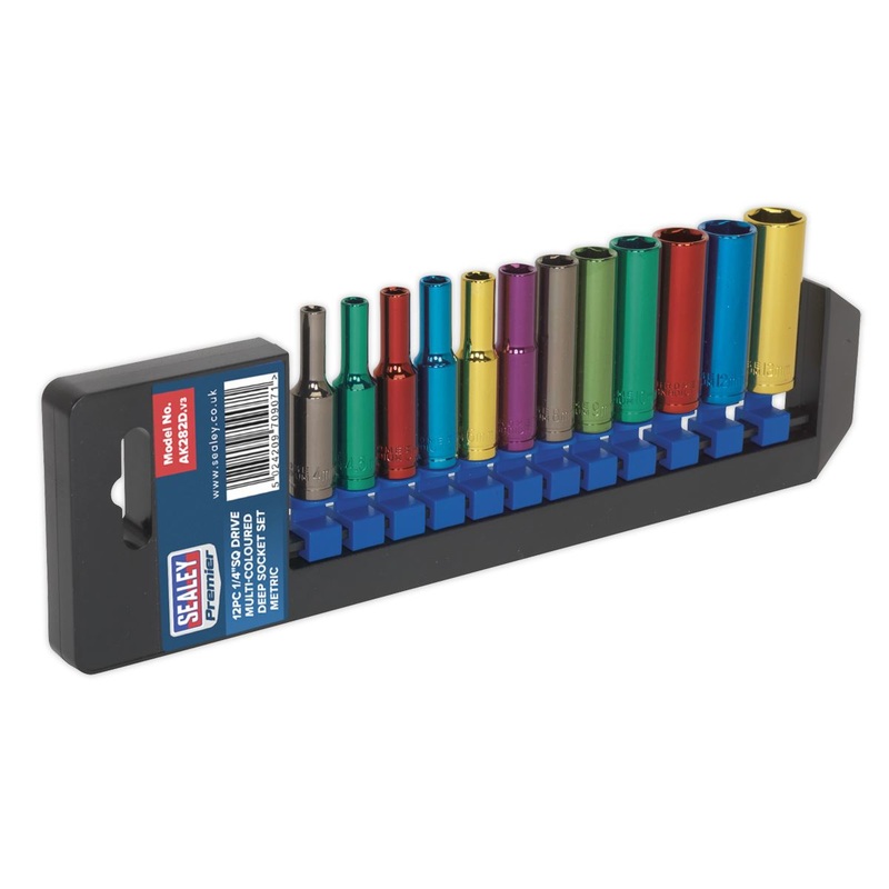 Sealey 12 Piece 1/4" Drive Coloured Deep Socket Set 4-13mm WallDrive