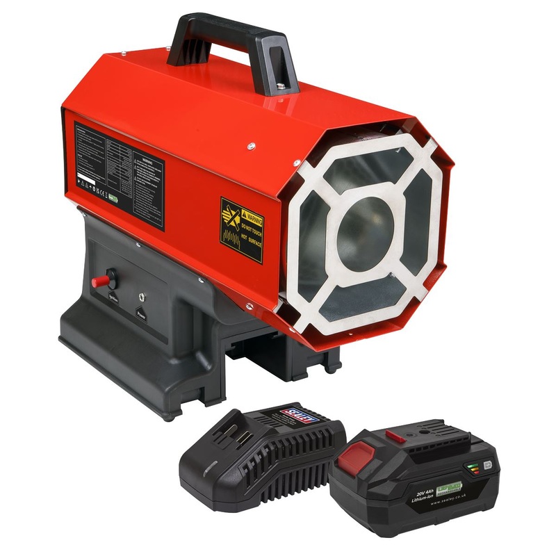 Sealey 230V Space Warmer Propane Heater 30,000-68,000Btu/hr (9-20kW) with 20V 4Ah Kit