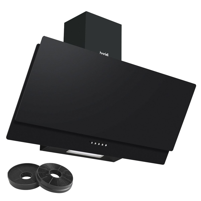 Baridi Angled Chimney Cooker Hood with Carbon Filters & LED Lamp 90cm, Energy Class A - Black Glass