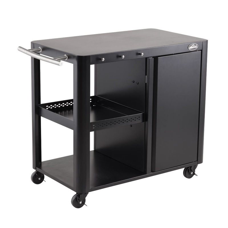 Dellonda BBQ/Plancha Workstation Trolley with Cupboard, Extension Table & Utensil Hooks, Black